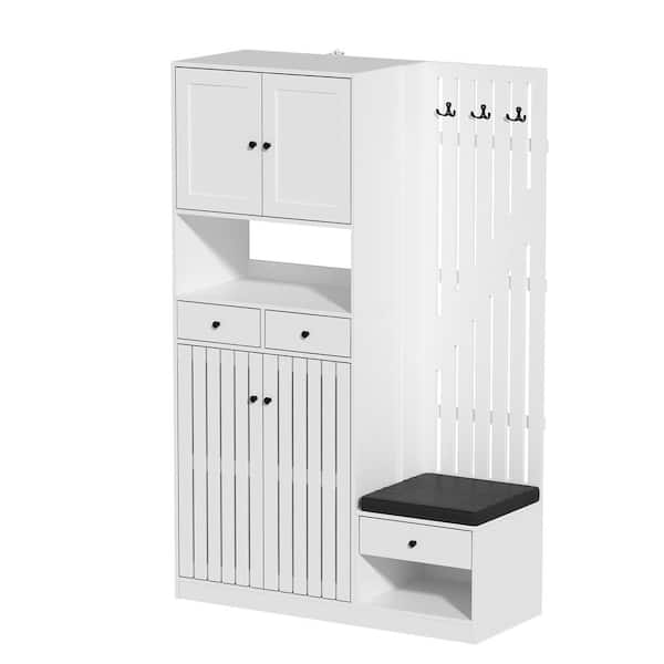 FUFU&GAGA 70.9 in. H x 45.3 in. W White Wooden High Coat Rack with Shoe Storage Bench, Drawers, Hutch and Cabinet