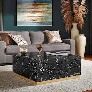 35 in. Black Square Faux Marble Coffee Table With Casters