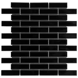 Metro Brick Subway Glossy Black 11-1/2 in. x 11-3/4 in. Porcelain Mosaic Tile (9.6 sq. ft./Case)