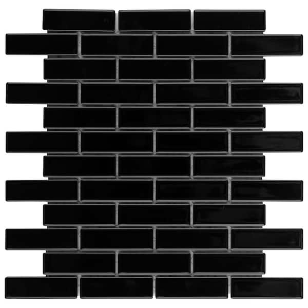 Merola Tile Metro Brick Subway Glossy Black 6 in. x 6 in. Porcelain Mosaic Take Home Tile Sample