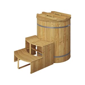 1-Person 0-Jet Round Bamboo Cold Plunge Tub with Wood Steps and Cover