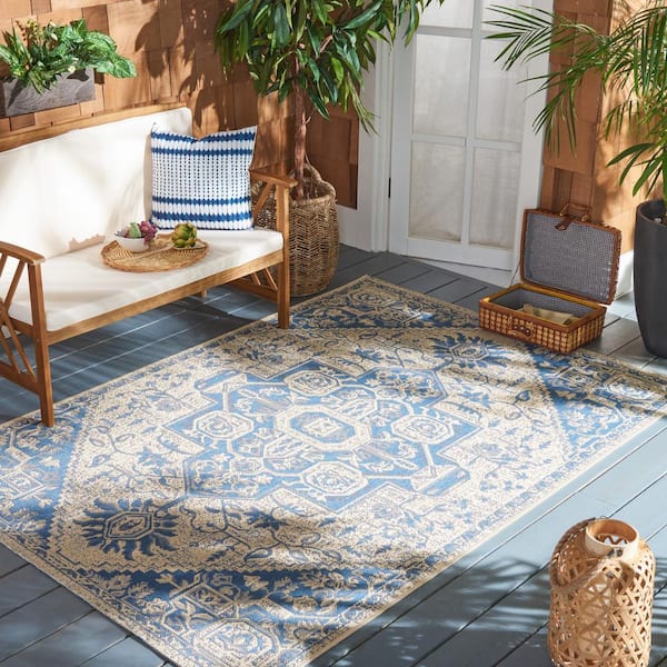 Beach House Blue/Cream Doormat 2 ft. x 4 ft. Kilim Floral Indoor/Outdoor Area Rug