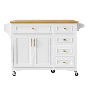 Wood Top 52 in. W Kitchen Island with Drop Leaf, Kitchen Storage Cart with Adjustable Shelf and Spice Rack in White