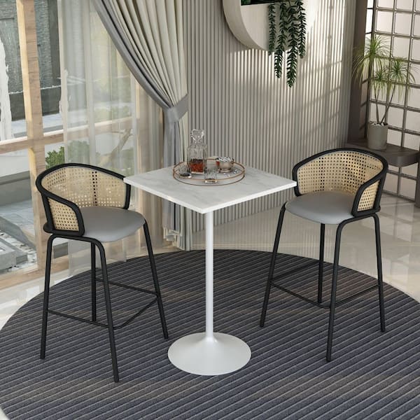 Verve 27 in. Square Bar Height Dining Table with White Marbleized Resin Top and White Steel Pedestal Base