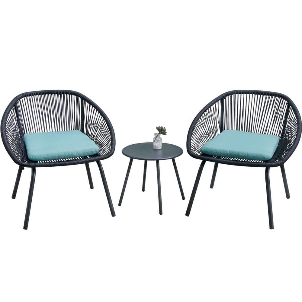 3-Piece PE Rattan Wicker Outdoor Bistro Table Set with Green Cushion