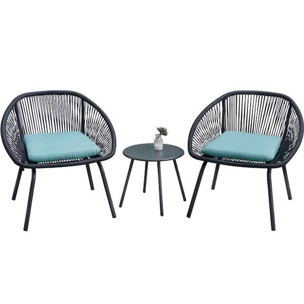 Unbranded 3-Piece PE Rattan Wicker Outdoor Bistro Table Set with Green Cushion