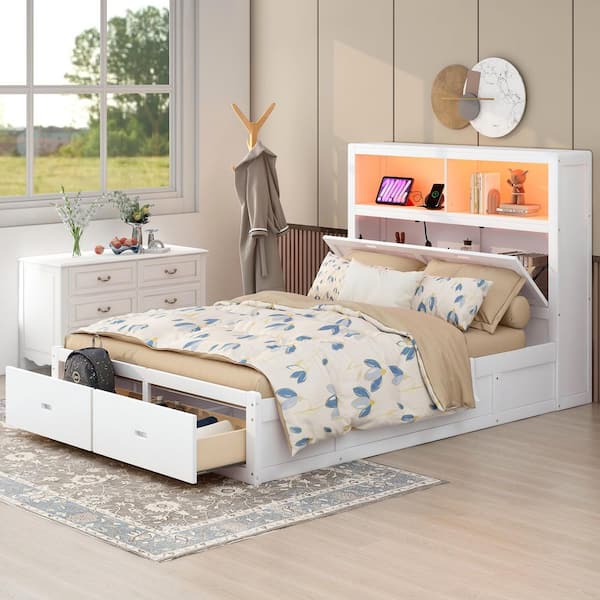 White Wood Frame Queen Platform Bed with Storage LED Headboard, Charging Station and 2 Drawers