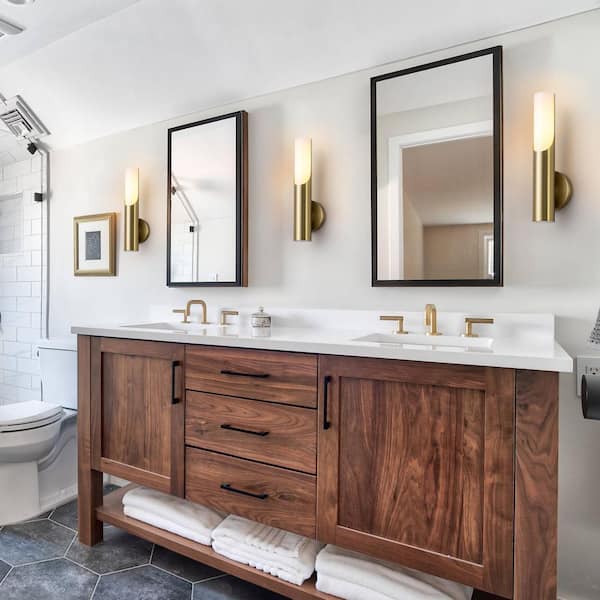 14.96 in. H 1-Light Cylinder Brass Bathroom Vanity Light with Glass Shade