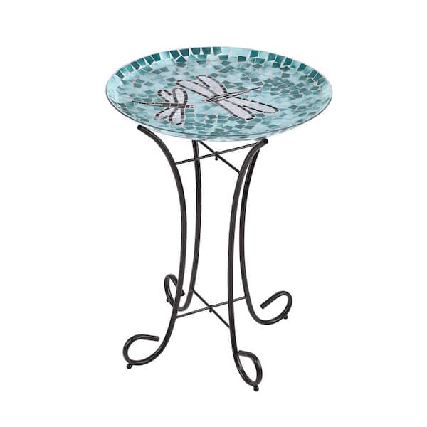 24 in. Tall Outdoor Mosaic Dragonfly Glass Birdbath Bowl with Metal Stand