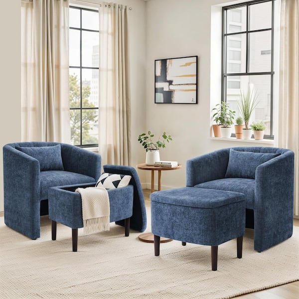 OrangeOne Blue Chenille Upholstered Accent Chair Open-Design Hollow Base Armchair with Multifunctional Storage Ottoman (set of 2)