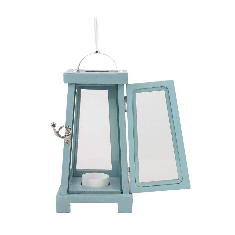 Nautical Blue Painted Wood Tabletop Hurricane Candle Lantern