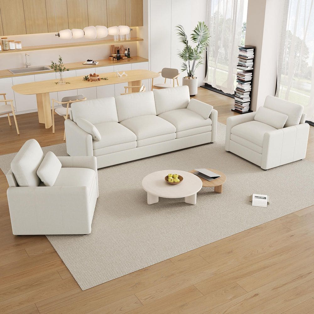 3-Piece Beige Chenille Upholstered Living Room Set with Double Cushions Design