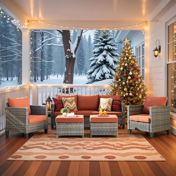 Positano Gray 5-Piece Wicker Outdoor Patio Conversation Seating Set with Orange Red Cushions