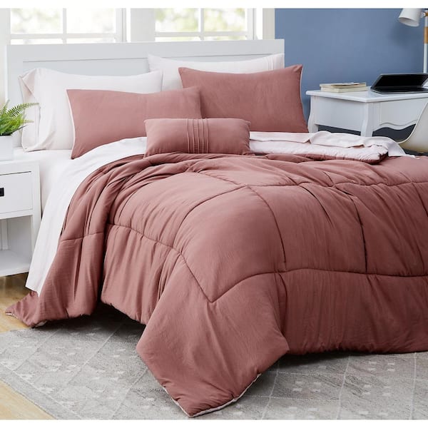 MODERN THREADS 6-Piece Garment Washed Microfiber Rosewood/Rose smoke Twin Complete Bed Set