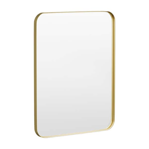 28 in. W x 36 in. H Rectangular Framed Tempered Glass Wall-Mounted Bathroom Vanity Mirror in Gold