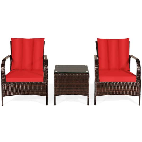 Costway Mix Brown 3-Piece Rattan Wicker Outdoor Furniture Patio Conversation Set with Red Cushions