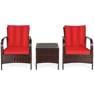 Mix Brown 3-Piece Rattan Wicker Outdoor Furniture Patio Conversation Set with Red Cushions