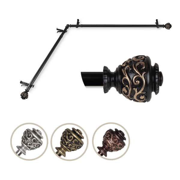 EMOH 13/16" Dia Adjustable Corner Window Single Curtain Rod 28 to 48" (each side) in Black with Diana Finials