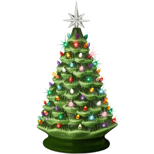 18in. Green Pre-Lit LED Ceramic Artificial Christmas Tree with 93 Multicolor Lights