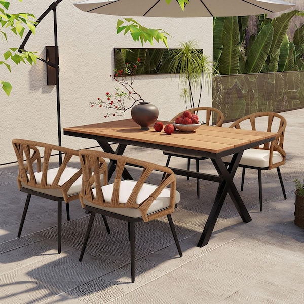 5-Piece Dark yellow Rattan Outdoor Patio Conversation Set with Beige Cushions and 1 Plastic Wood Table