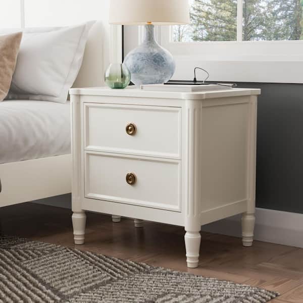Whitfield Modern French White 2 Drawer 26 in, W Nightstand With USB Charging Ports