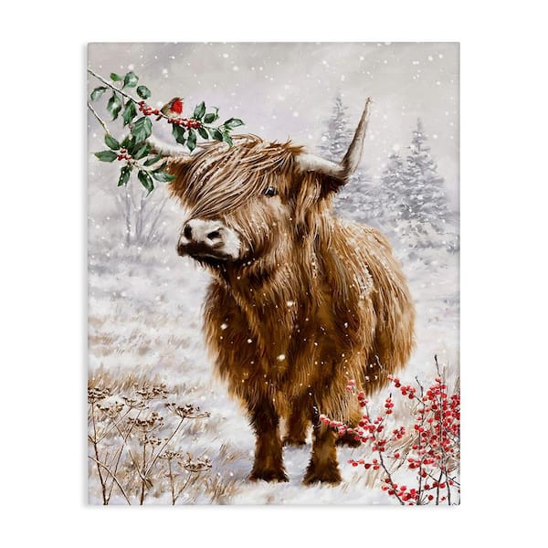 Stupell Industries Cattle with Winter Berries by Ian Saxton 1-Piece Unframed Graphic Print Animal Poster Art Print 40 in. x 30 in.