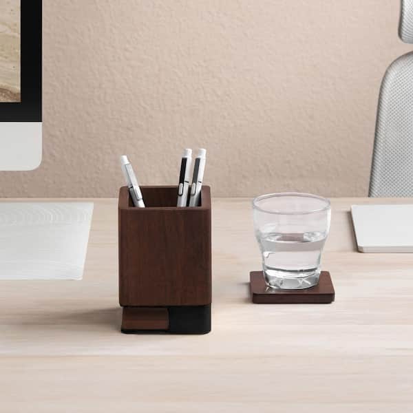 Solid Wood Pen Cup Holder with 2-Coasters