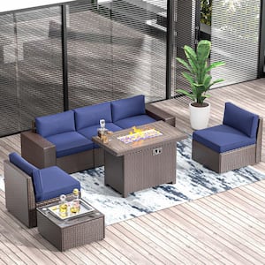 7-Piece Outdoor Fire Pit Patio Set, Patio Sectional Set with Fire Pit Table, Coffee Table, Blue Cushions, Set Covers