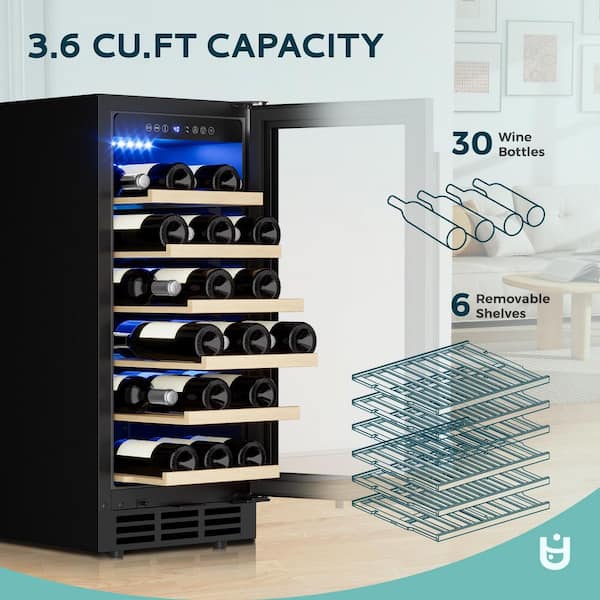 15 in. Single Zone 30-Bottle Undercounter/ Freestanding Wine Cooler in Black with Reversible Door, Removable Shelves