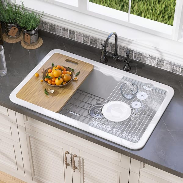 33 in. Drop-In/Undermount Workstation Single Bowl White Fireclay Kitchen Sink with Cutting Board, Bottom Grid, Strainer