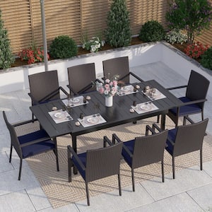 9-Piece Metal Patio Outdoor Dining Set with Rectangle Extensible Table and Rattan Chair with Blue Cushion