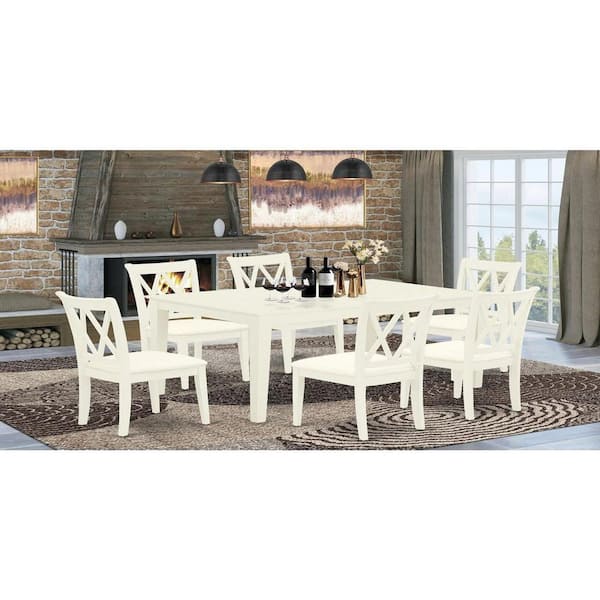 7-Piece Rectangle Linen White Finish Solid Wood Top Dining Table with 6-Chairs with Cross Back