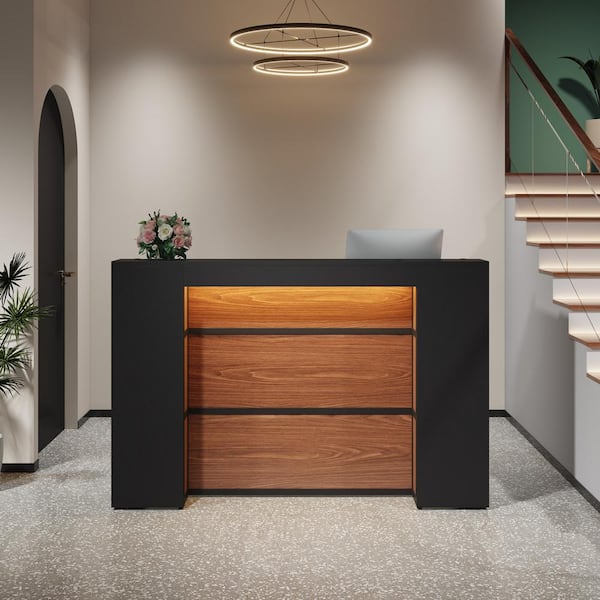 BYBLIGHT Moronia 63 in. W Rectangular Black & Brown Wood Reception Desk with LED Lights, Modern Computer Desk for Checkout, Lobby