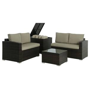 4-Piece Brown Wicker Outdoor Patio Sectional Sofa Set with Khaki Cushions, Storage Box for Garden Balcony Backyard