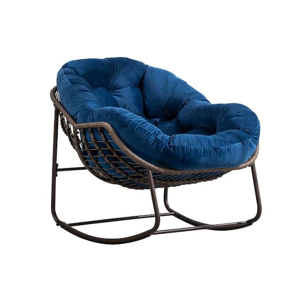 Unbranded Wicker Indoor and Outdoor Rocking Chair Navy Blue Cushion for Front Porch Living Room Patio Garden