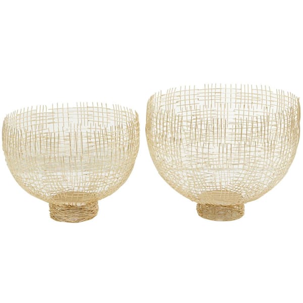 Litton Lane Gold Metal Decorative Bowl with Cross Hatching Patterns (Set of 2)