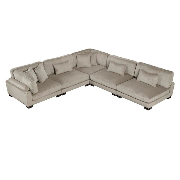 Lazzara Turbo 135 in. Pillow Top Arm 5-Piece Corduroy Modular Sectional Sofa in Taupe