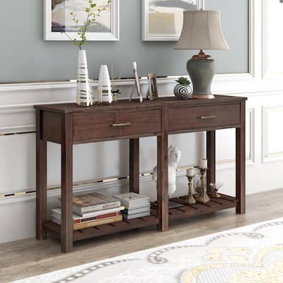 Classic 58 in. Espresso Rectangle Wood Console Table with 2-Drawers and Slatted Shelf