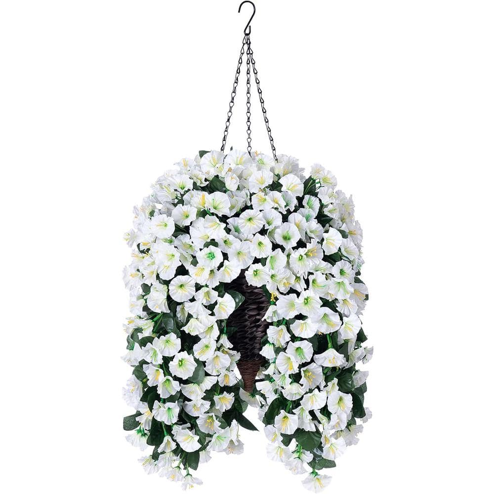 19.7 in. White Outdoor Artificial Flowers Morning Glory in Brown Hanging Ba