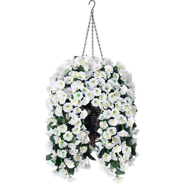 Unbranded 19.7 in. White Outdoor Artificial Flowers Morning Glory in Brown Hanging Basket