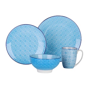 4-Piece Blue Pattern Porcelain Plates and Bowls Set Coffee Mugs Dinnerware Set