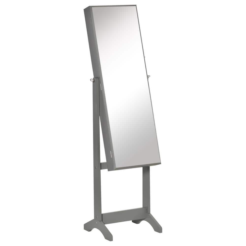 Gray Rectangular Wood Floor Standing Jewelry Cabinet with Full-Length Mirro