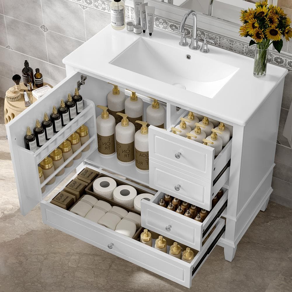 "36"" White Freestanding Bathroom Vanity with Ceramic Sink, MDF & Solid Wood Base, 3 Drawers, 4-Inch Holes" price history on PriceWatchPro