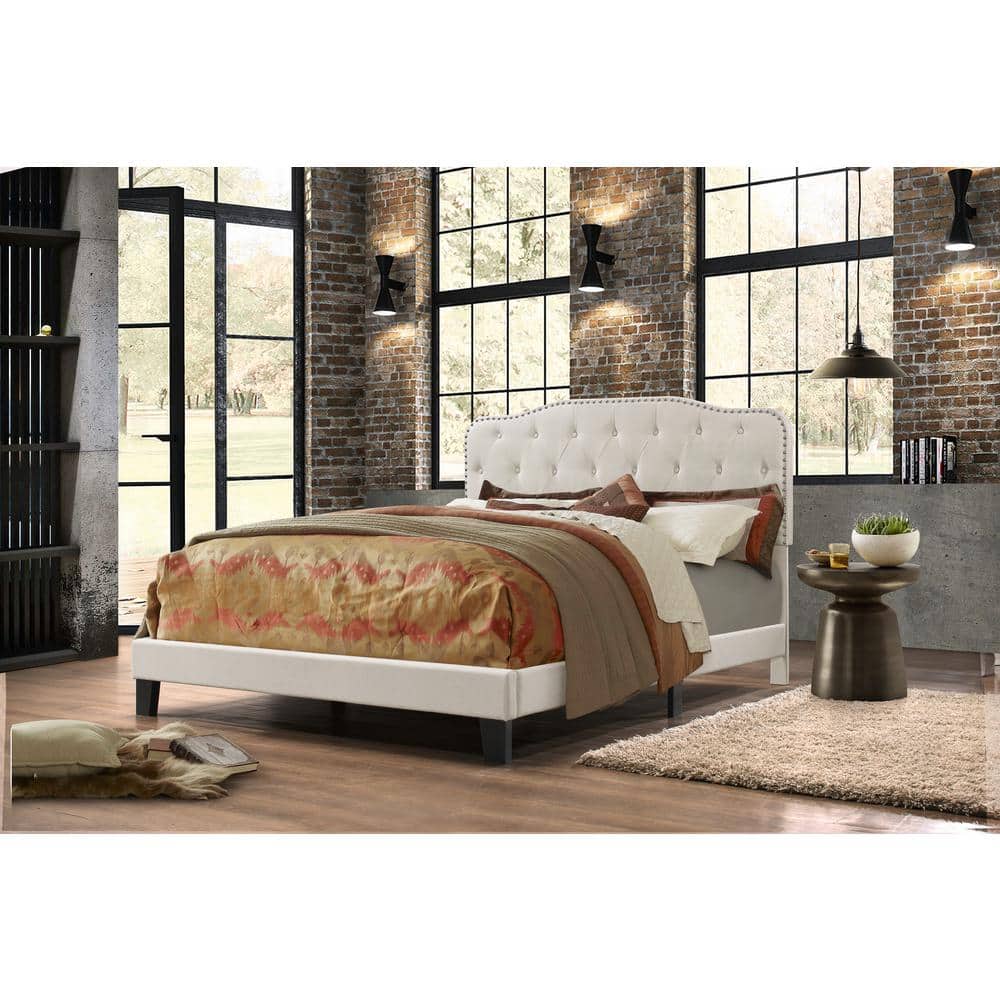 Fog Beige Linen Queen Bed with Tufted Upholstered Headboard