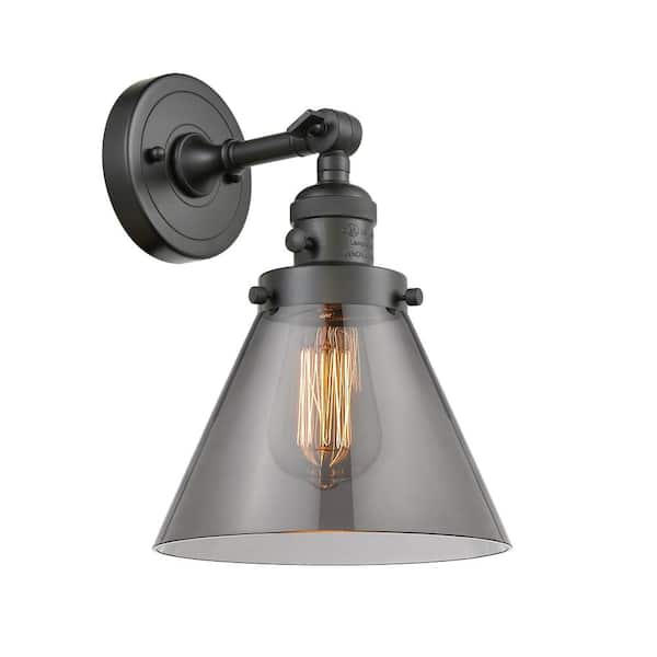 Innovations Cone 8 in. 1-Light Oil Rubbed Bronze Wall Sconce with Plated Smoke Glass Shade with On/Off Turn Switch