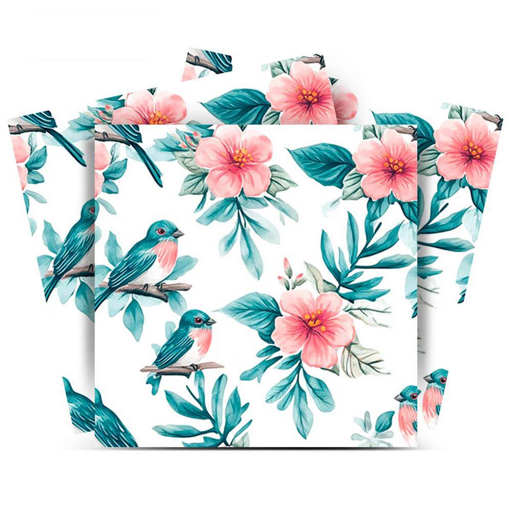 Seagreen and Pink Floral Bird 4x4 Vinyl Tile Stickers