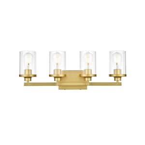 Simply Living 25 in. 4-Light Modern Brass Vanity Light with Clear Cylinder Shade