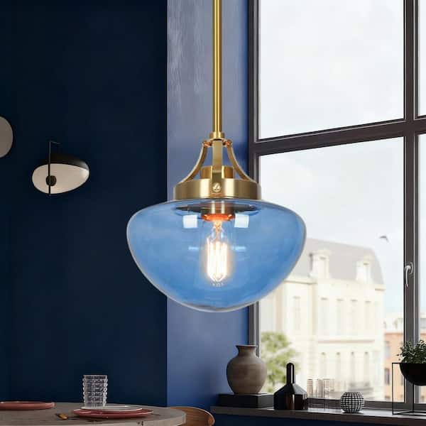 Astragalus Modern 1-Light Electroplated Natural Copper Pendant Light, Blue Glass Shade Chandelier for Kitchen Island