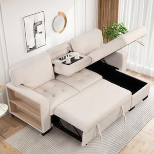 85.2 in. Beige Velvet Twin Size Sofa Bed with Storage Rack Storage Chaise Drop Down Table and USB Charger