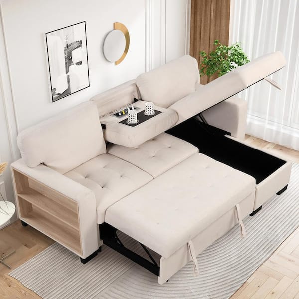 Harper & Bright Designs 85.2 in. Beige Velvet Twin Size Sofa Bed with Storage Rack Storage Chaise Drop Down Table and USB Charger